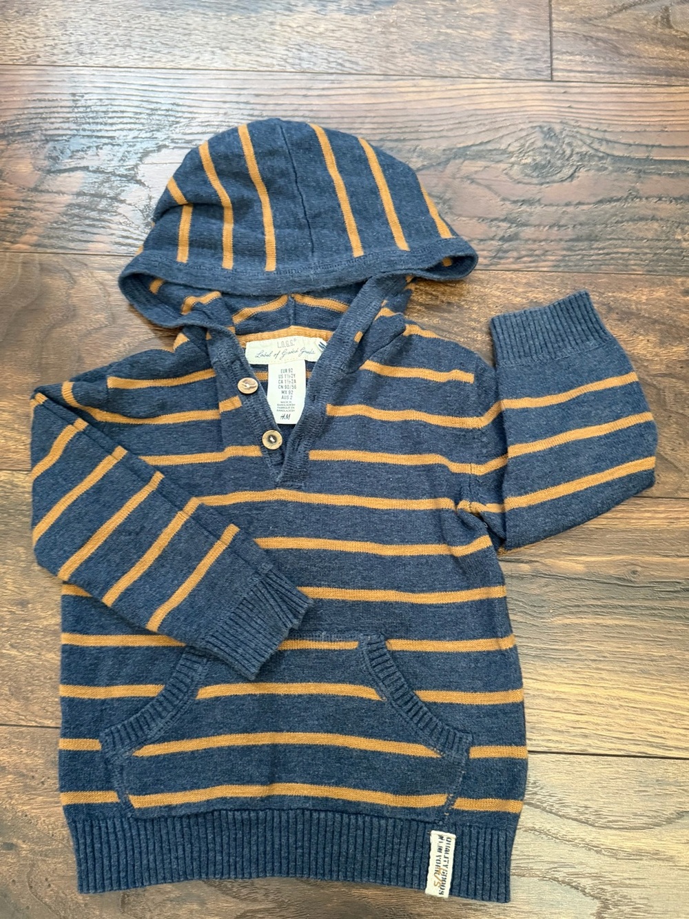 Boy’s Hooded Crewneck Sweater - Navy with Mustard Stripes
